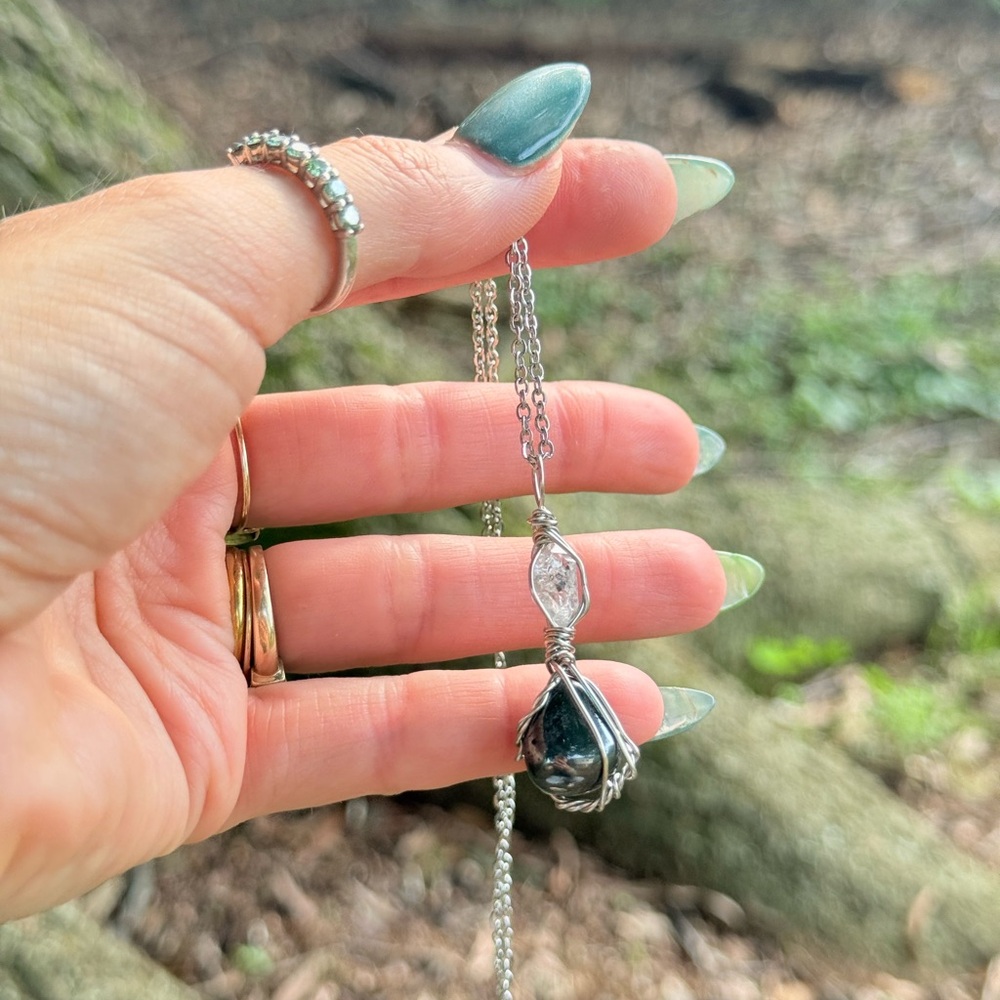 Very dainty Stunning Herkimer Diamond Quartz magnetite mini stack necklace